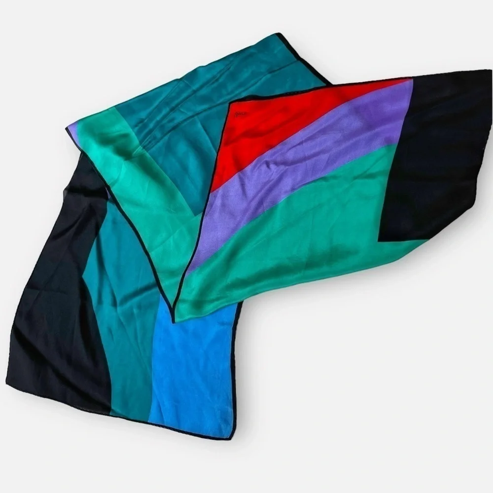 VTG 80s Vera Neumann Silk Scarf Headscarf Neckerchief Colorblock Bright 15x50”